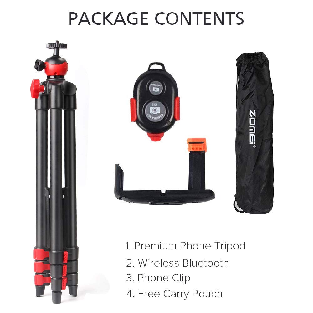 Travel Tripod Set for Smartphone, Zomei Lightweight Tripod with Compact Phone Holder Mount & Bluetooth Remote Control & Portable Tripod Bag for Huawei, iphone,Gopro,Camera etc