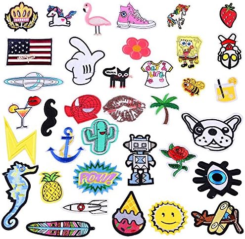 36 Pcs Random Assorted Iron-On Embroidered Motif Applique Glitter Sequin Decoration Patches 1-5 Inches Assorted Size DIY Sew on Patch Perfect for Jeans, Clothing