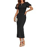 ZESICA Women's Summer Short Sleeve Bodycon Midi Dress 2026 Spring Elegant Formal Wedding Guest Cocktail Party Dresses