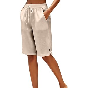 cxzeqwoke Bermuda Shorts for Women Knee Length Summer Linen Long Shorts Plus Size Casual Elastic Waisted Cotton Capri Pants