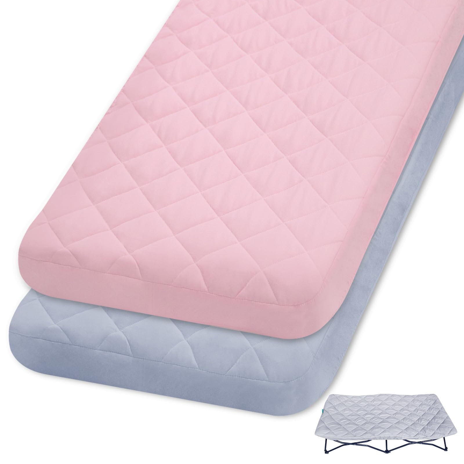 Photo 1 of 2 Pack Quilted Sheet for Regalo My Cot Portable Toddler Bed, Joovy Travel Cot (Sheet Only, Bed not Included), Soft Padded Cover, Pink & Grey