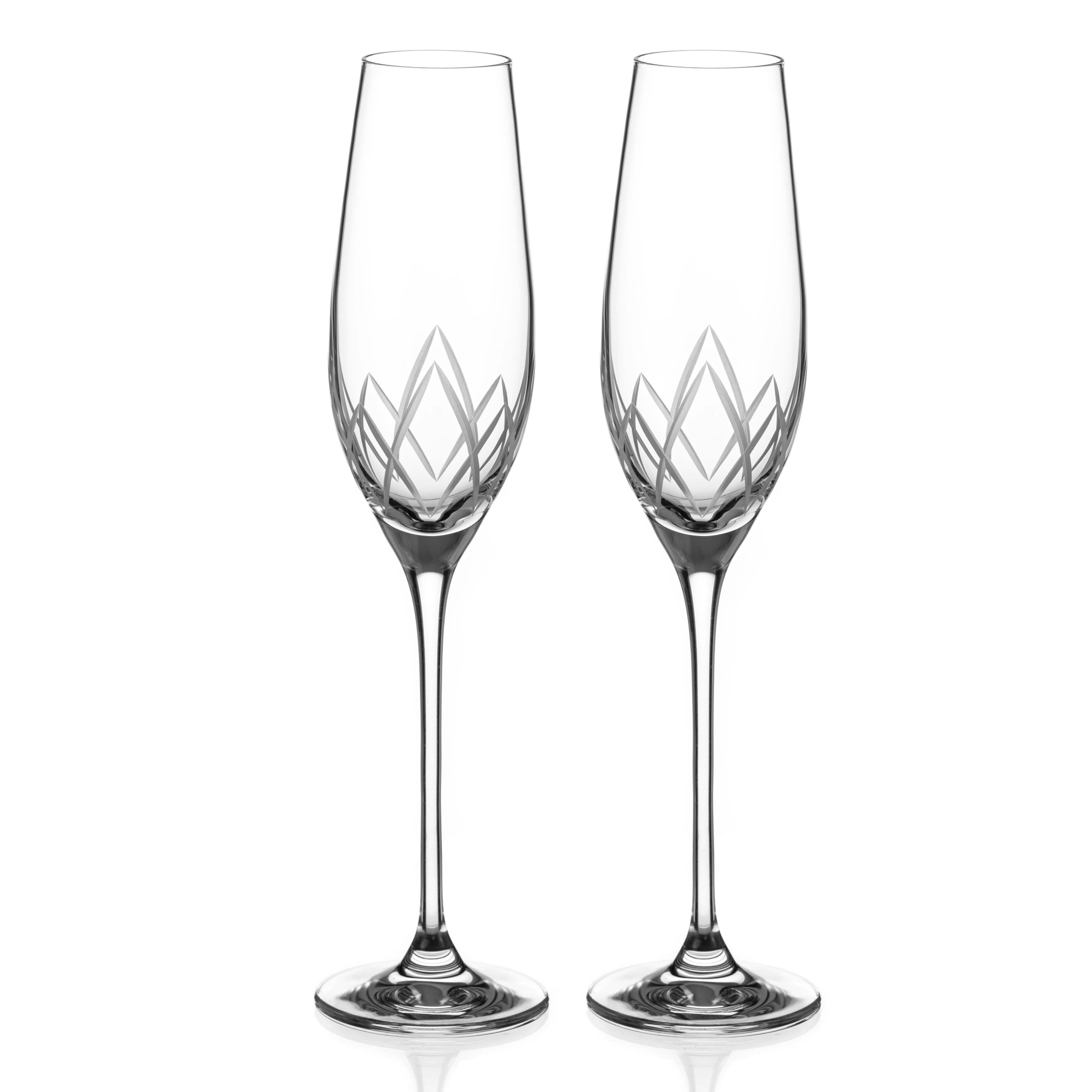 DIAMANTE Champagne Flutes Pair – ‘Lotus’ Collection Hand Cut Crystal Champagne and Prosecco Glasses Set of 2 in giftbox
