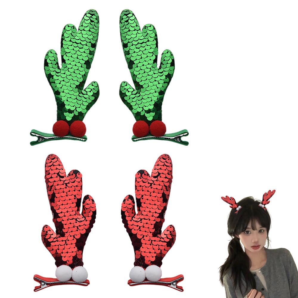 Christmas Glitter Hair Clips for Women Girls Sequin Hair Accessories Deer Antler Hair Clips for Christmas Party Christmas Hair Barrettes Slides for Women Thick Fine Hair Christmas Gifts 4pcs