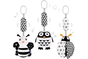 AIPINQI 3 Pack Hanging Rattle Toys,High Contrast Baby Toys and Plush Stroller Toys for Babies 0-18 Months,Newborn Car Seat Toys with Black and White Cartoon Shapes,(Ladybug,Bee & Owl)