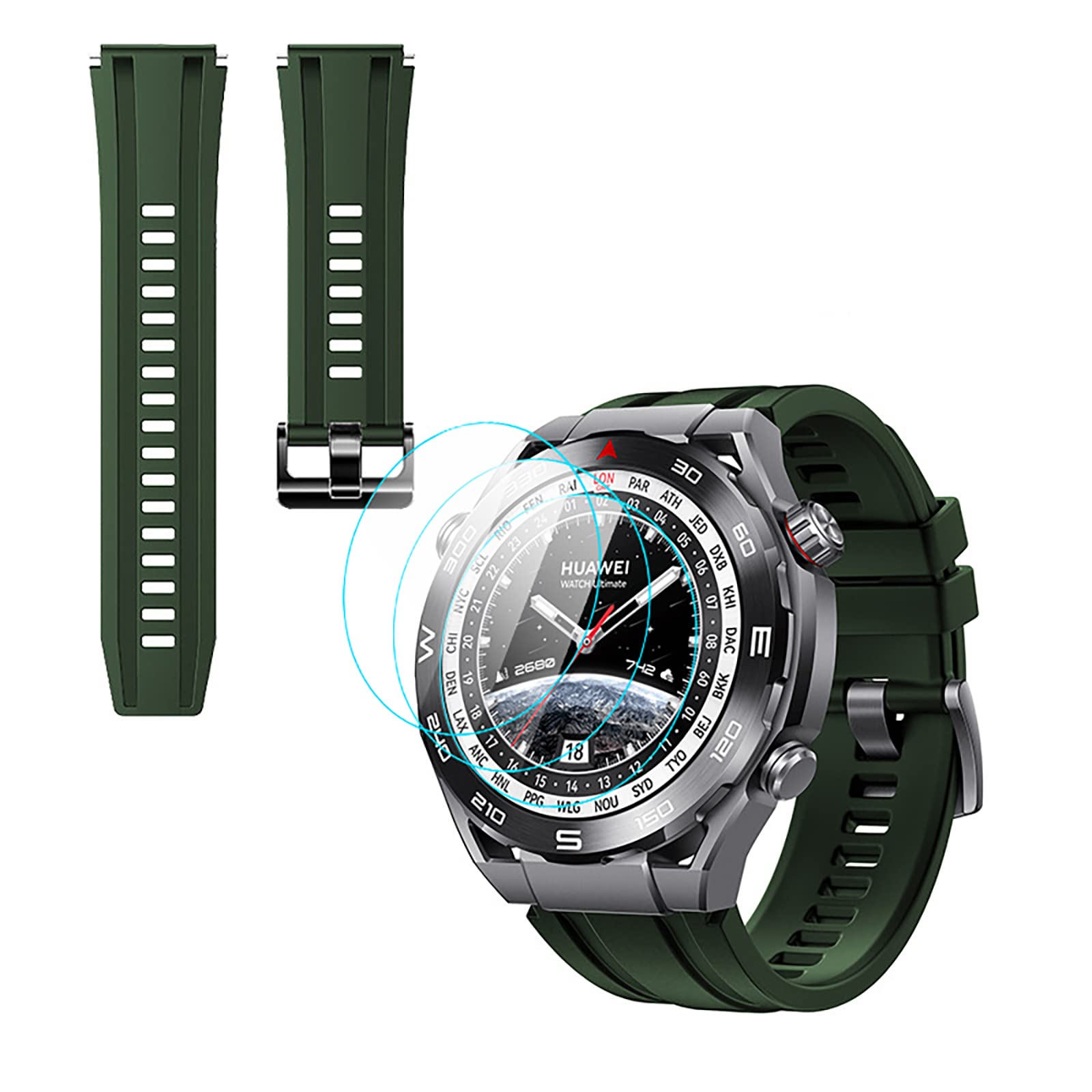 GIOPUEY Strap Compatible with Huawei Watch Ultimate, [2 in1] Soft Silicone Watch Strap + 3 Pack TPU Screen Protector, Strap Replacement [Wear-resistant] [breathable] - ArmyGreen