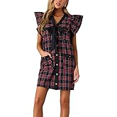 Women Plaid Mini Dresses V Neck Ruffle Sleeve Bow Button Front Shift Dress with Pocket