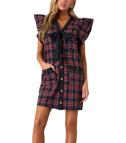 kala burgundy plaid button-front mini dress pockets real Women V Neck Lantern Short Sleeve Bow Front Shift Dress with Pocket Red at Amazon Women's Clothing store Bow