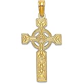 JewelryWeb 13mm 14k Gold Irish Claddagh Celtic Trinity Knot Religious Faith Cross With Eternity Circle Engraved Pendant Necklace for Women