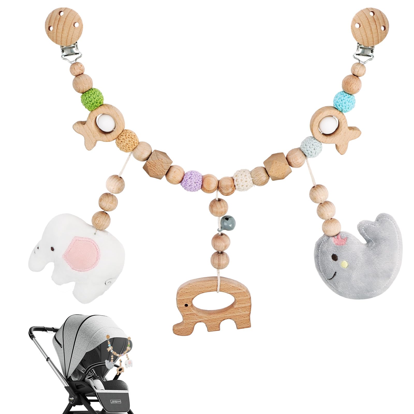 Vicloon Chain Baby Stroller Pendants, Wood Pram Chain for Baby Strollers and Cribs, Boys and Girls (Elephant)