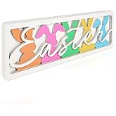 Vintage Happy Easter Decorations for Office, Home, Table, Mantel, Shelf, Desk, 3 1/2 x 11 Inch Retro Bunny Sign, Wooden Spring Bunnies Decor Sign, Farmhouse Pink Decoration (Colorful Bunnies)