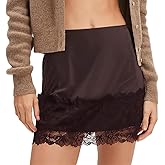 TUWIXIUW Women Satin Half Slip Lace Trim Mini Skirt Above Knee Under Dress Extender Patchwork Elastic Aline Silk Underskirt