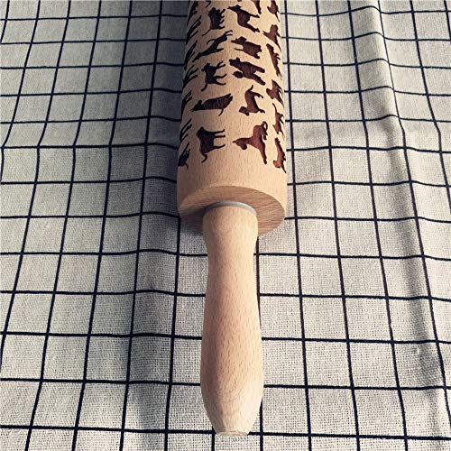 Transer Wooden Rolling Pins with Embossing, Natural Wood Cat Carved Engraved Rolling Pin for Baking Embossed Cookies, 15.2 Inches (Yellow - cat)