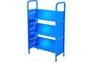 GUDESEN Book Cart w/ 3 Sloped Shelves Double-Sided Book Truck 450LBS Rolling Library Cart with 4 Swivel Lockable Casters for School Library,Home and Office/Blue