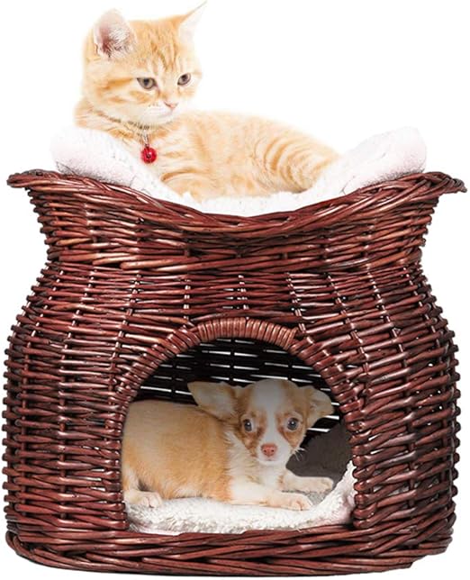 Losypet Panier Chat Chien Osier Grotte De Chat A Deux Etages Avec Coussin En Peluche Corbeille Lit Ovale Osier Ideal Pour L Hiver Et L Ete Brown Amazon Fr Animalerie