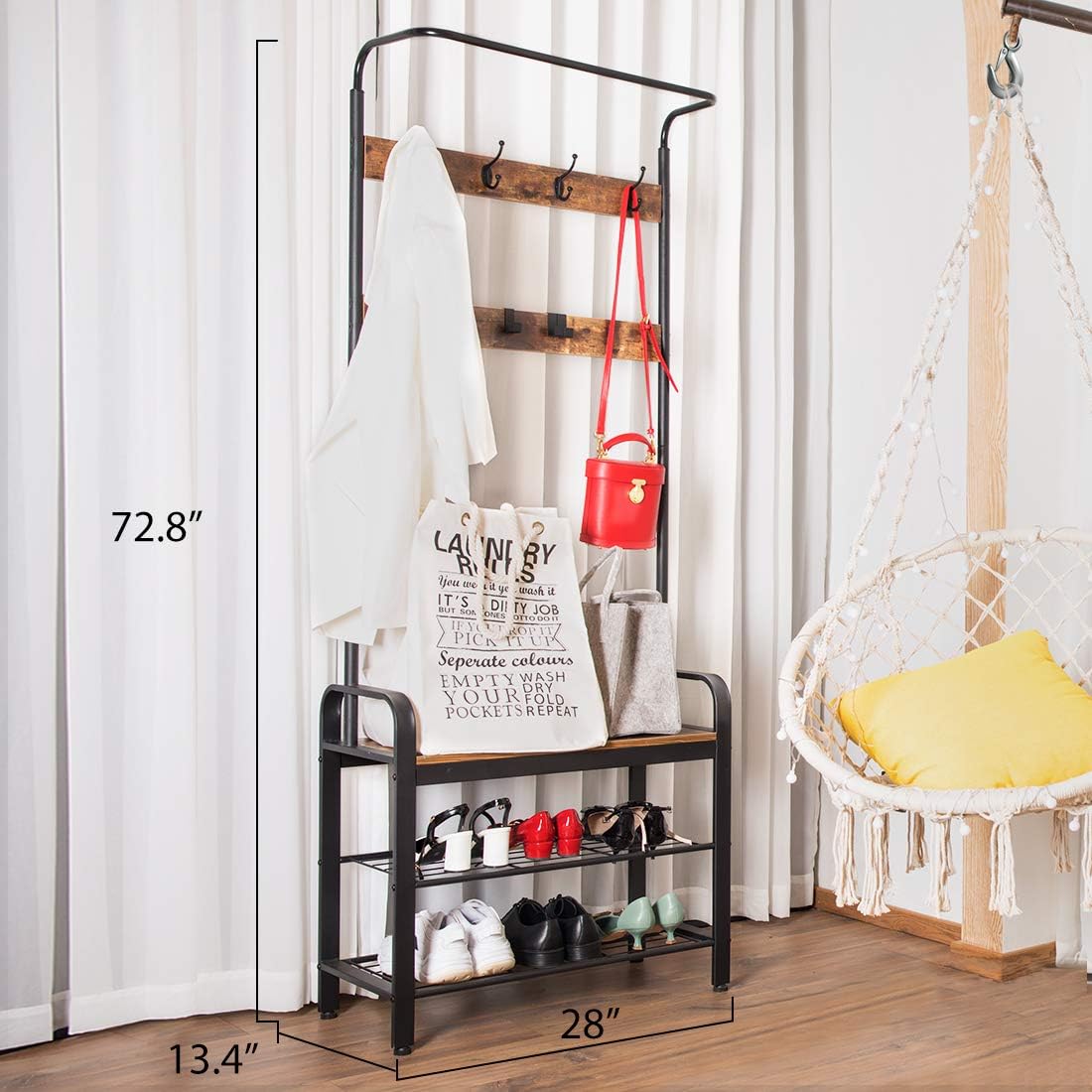 VIVOHOME 3-in-1 Entryway Hall Tree, Heavy Duty MDF Stand Coat Rack with Storage Bench, Industrial Wood Furniture with Stable Metal Frame, 8 Hooks: Home Improvement