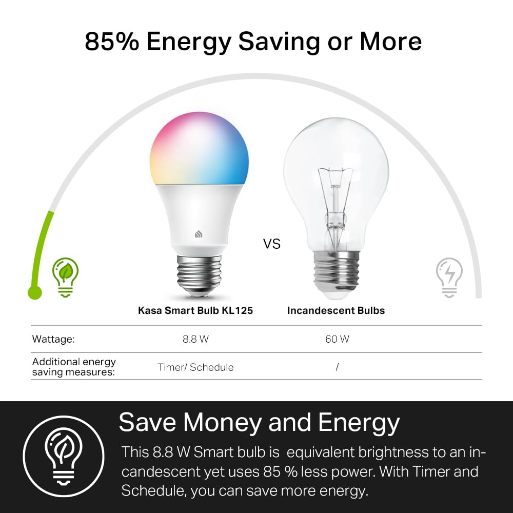 New Kasa Smart Bulb, Full Color Changing Dimmable Smart WiFi Light Bulb Compatible with Alexa and Google Home, A19, 9W 800 Lumens,2.4Ghz only, No Hub Required, 1-Pack (KL125), Multicolor - View 5