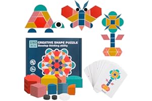 USATDD 180 Pcs Wooden Tangrams Pattern Blocks Set Geometric Manipulative Shape Puzzle Kindergarten Classic Educational Montessori Toys for Kids Toddlers Ages 4-8 with 24 Pcs Flash Cards