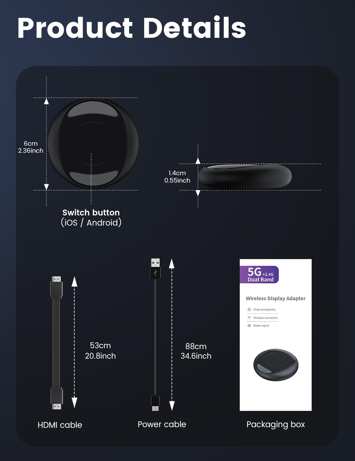 Wireless HDMI Display Dongle Adapter, One-Click Streaming Video/Audio/File from Smartphones and Laptops to HDTVs, Monitors, and Projectors, Supporting Airplay, DLNA and Miracast