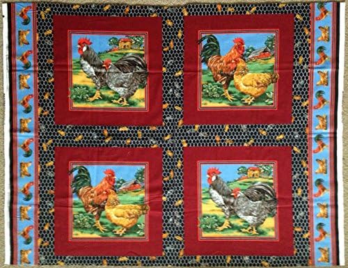 "The Chicken Coop" Rooster &amp; Hen 100% Soft Cotton Fabric Pillow Panel - Designed by Joan Messmore (Great for Quilting, Sewing, Craft Projects, or Throw Pillows) 35" X 44"