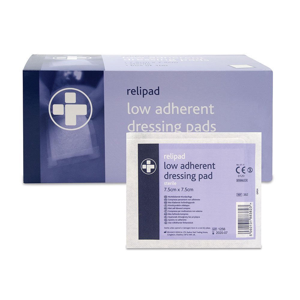 Reliance Medical Relipad First Aid Sterile Dressing - Low-Adherent, Absorbent Dressing Pads For Minor Abrasions, Lacerations And Wounds, 7.5 cm x 7.5 cm, Pack of 100