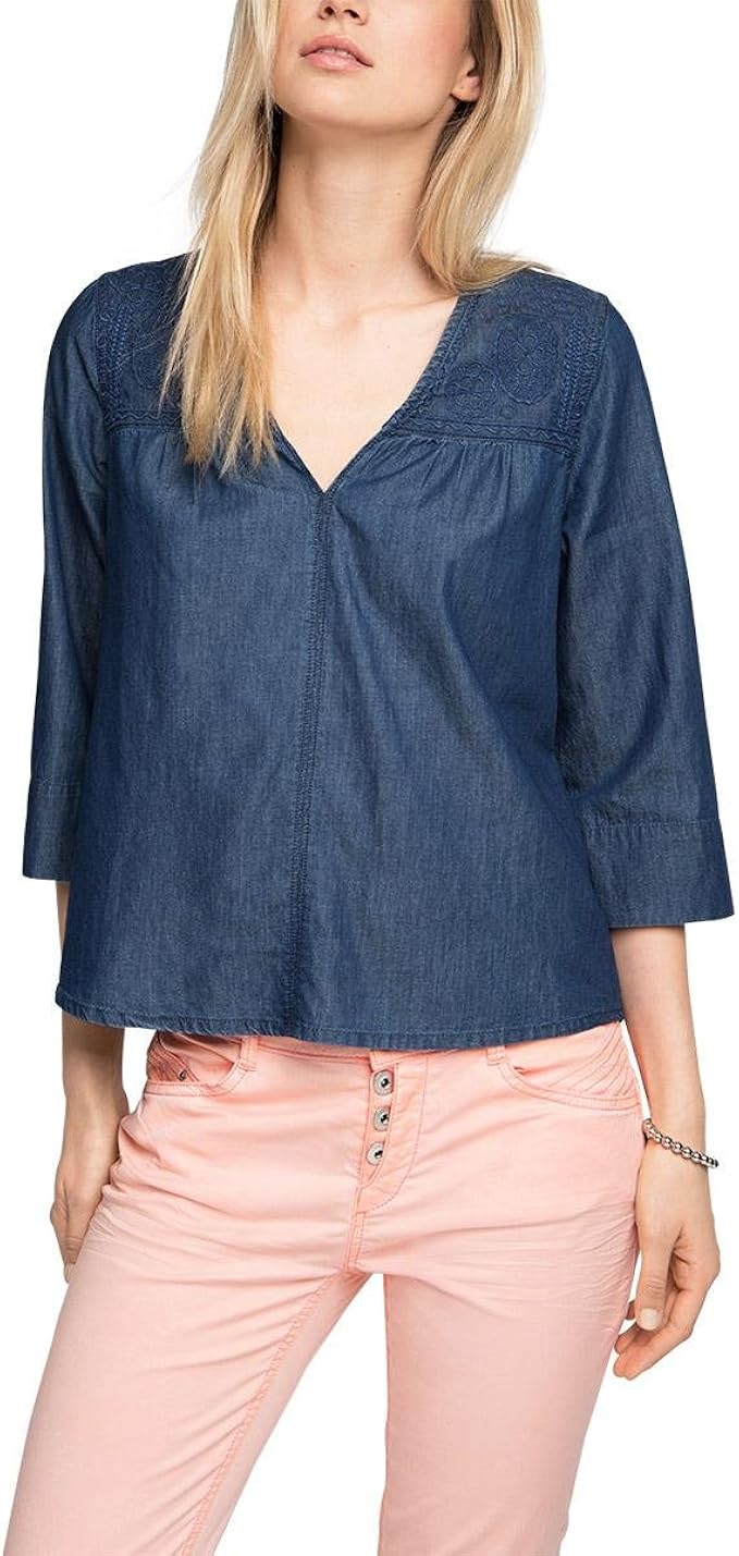 edc by ESPRIT Damen 046CC1F023im Denim Look Bluse, Blau (Blue Dark