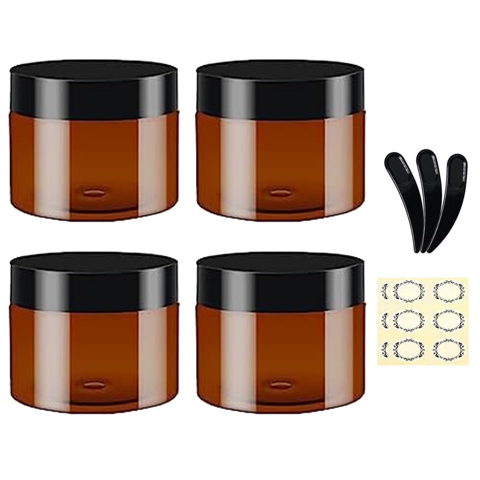 Apstaqeoo Round Cosmetic Containers - 4pcs, 120ML Amber Plastic Jars With Black Lids, 3 Spatula & 6 Labels - Refillable Travel Jars for Lotion, Ointments, Creams, Gel Storage