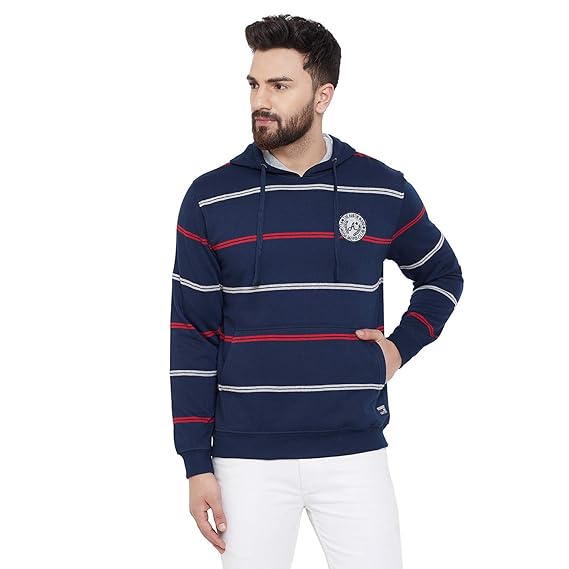 navy and white striped sweatshirt