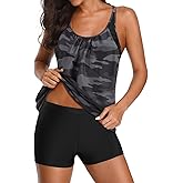 Yonique Tankini Swimsuits for Women Athletic Swim Tank Top with Boy Shorts Two Piece Tummy Control Bathing Suits