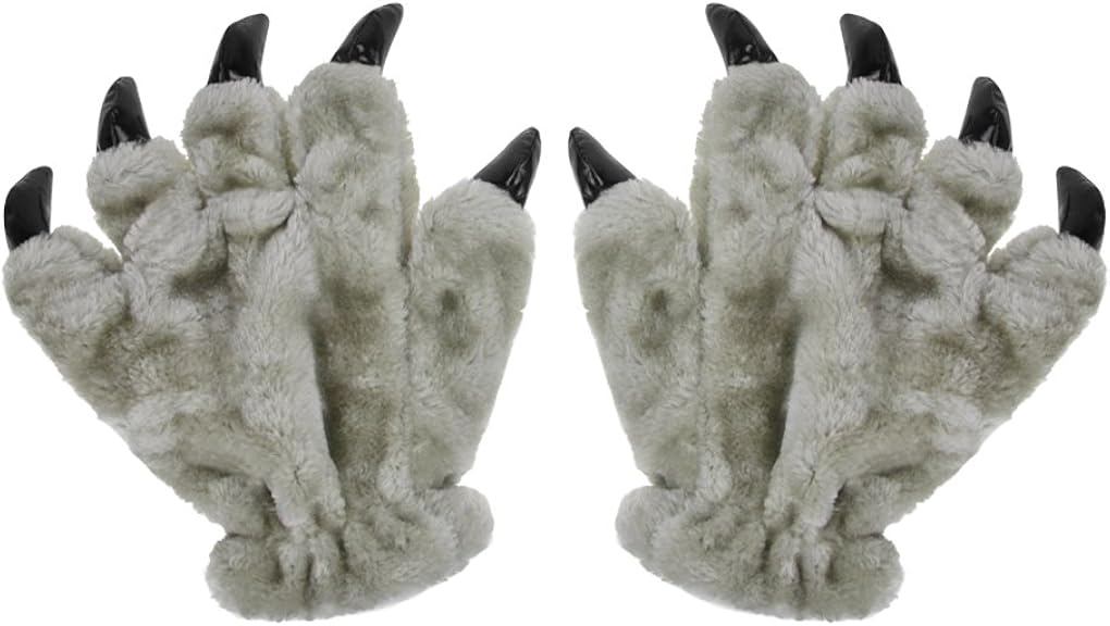 Ylucky Unisex Thick Animal Costume Dinasour Cat Paw Claw Wolf Gloves Winter Warm Plush Hand Gloves Cute Mittens Padded Hand Warmer for Halloween Cosplay Party Fancy Dress Grey - Image 4