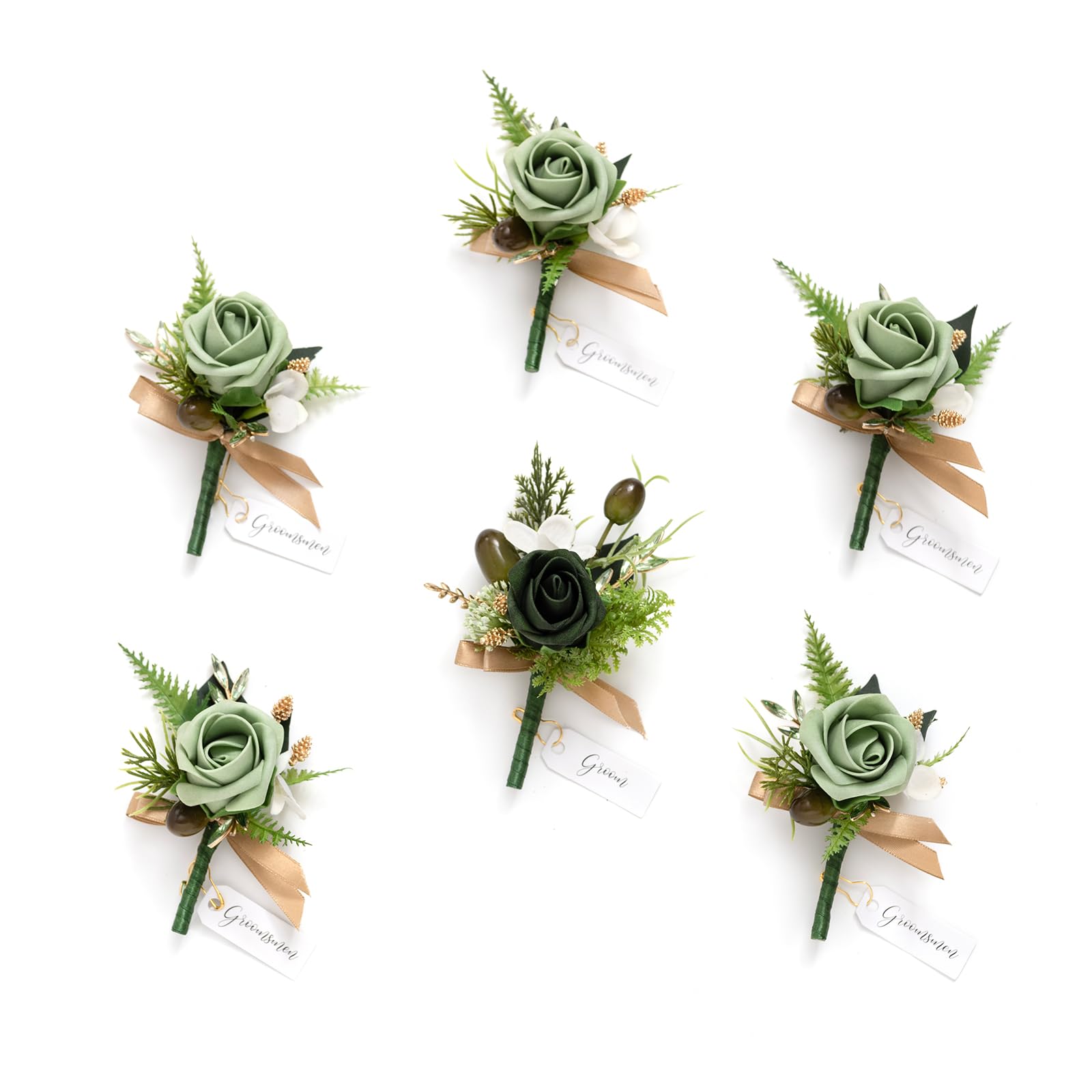 Photo 1 of Ling's Moment Boutonniere for Men, 6pcs Groom Groomsmen Boutonniere, Artificial Flowers for Wedding Decor/Prom/Homecoming, etc.Green Beige