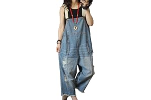 YESNO Women Casual Loose Cropped Denim Jumpsuits Rompers Jeans Overalls Distressed Ripped Fringed/Pockets P49