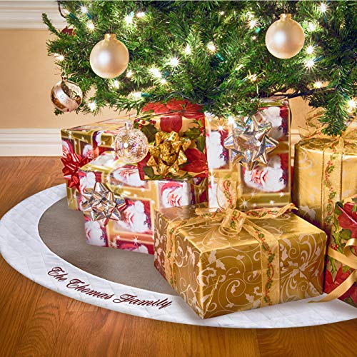 48 Inch Custom Embroidered Burlap Christmas Tree Skirt + BONUS Large Zip Storage Bag - Put Your Family Name (or Any Text) on the Premium Fleece Cross Stitch Border Trim - Rustic Farmhouse Decor Gift