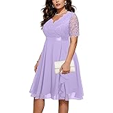 Talisea Plus Size Wedding Guest Dress - Formal Cocktail Party Ruffle Elegant Tea Length Lace Chiffon V Neck Midi Dresses