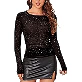 SEBOWEL Women Rhinestone Top Glitter Sparkly Long Sleeve Sheer Mesh Tops Bodycon Shirred Ruched See Through Shirt Blouse