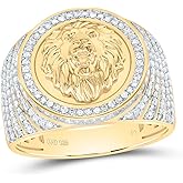 FB JEWELS Silver, Yellow Gold Plated 925 Sterling Silver 7/8 CTW Diamond Lion Face Mens Ring