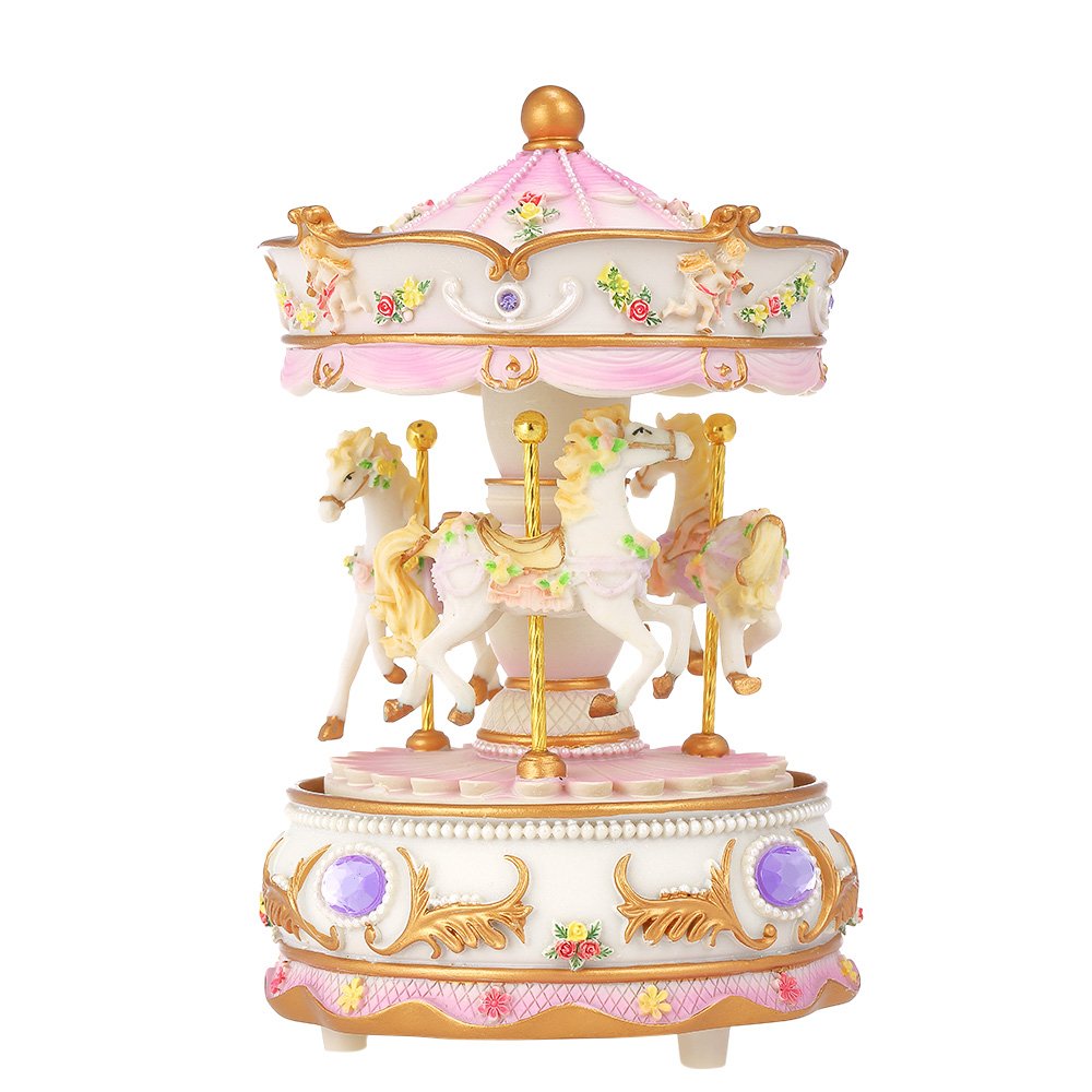 Docooler Mini Carousel Clockwork Music Box Colorful LED Merry-go-round Musical Box Gift for Girlfriend Kids Children Christmas Festival Blue