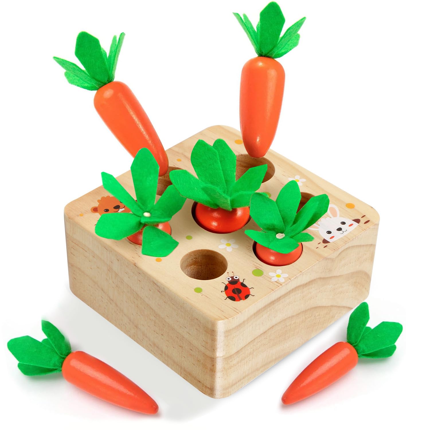 Montessori Toys for 1 Year Old, Montessori Baby Carrots Toy for 6-18 Months, Educational Wooden Carrot Harvest Game for Shape Sorting & Easter Toys, Birthday Easter Gifts for Babies Boys Girls