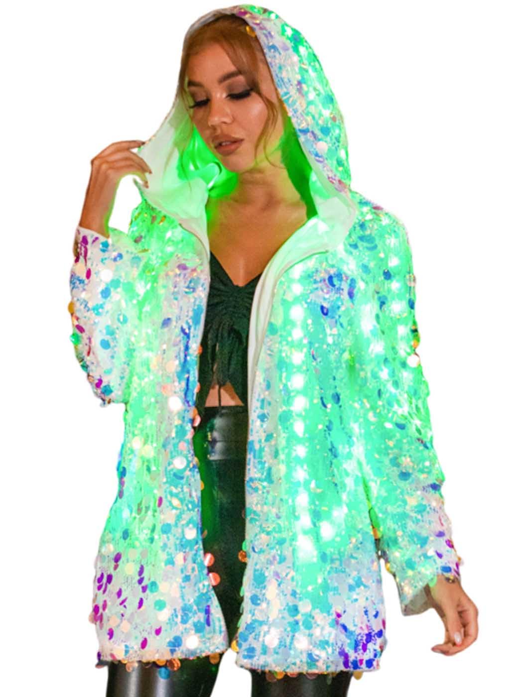 Photo 1 of DRESBE Women's Light Up Sequin Jacket with Charging Cable Remote LED Long Hooded Coat Shiny Long Sleeve Zipper Blazer Coats for Party Club Concert (White)