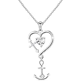 S925 Sterling Silver Faith Hope Love Heart Cross Anchor Pendant Necklace for Women 18"