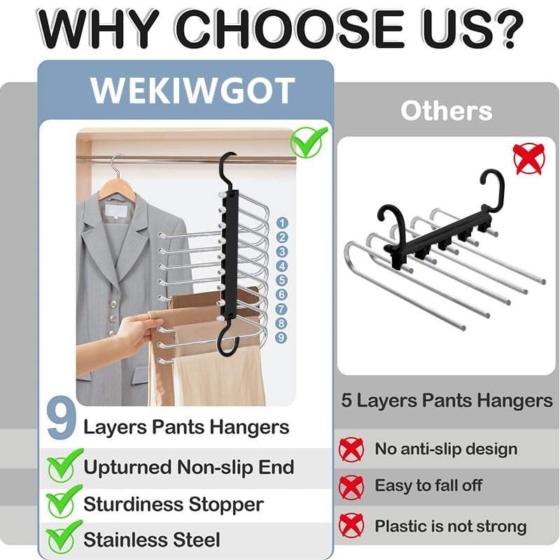 WEKIWGOT 9 in 1 Trouser Hangers, 2 Pieces Multifunctional Space Saving Rack Hanger for Organizing Closets, Trousers for Women and Men, Jeans, Bras, Scarves and Ties (Black)