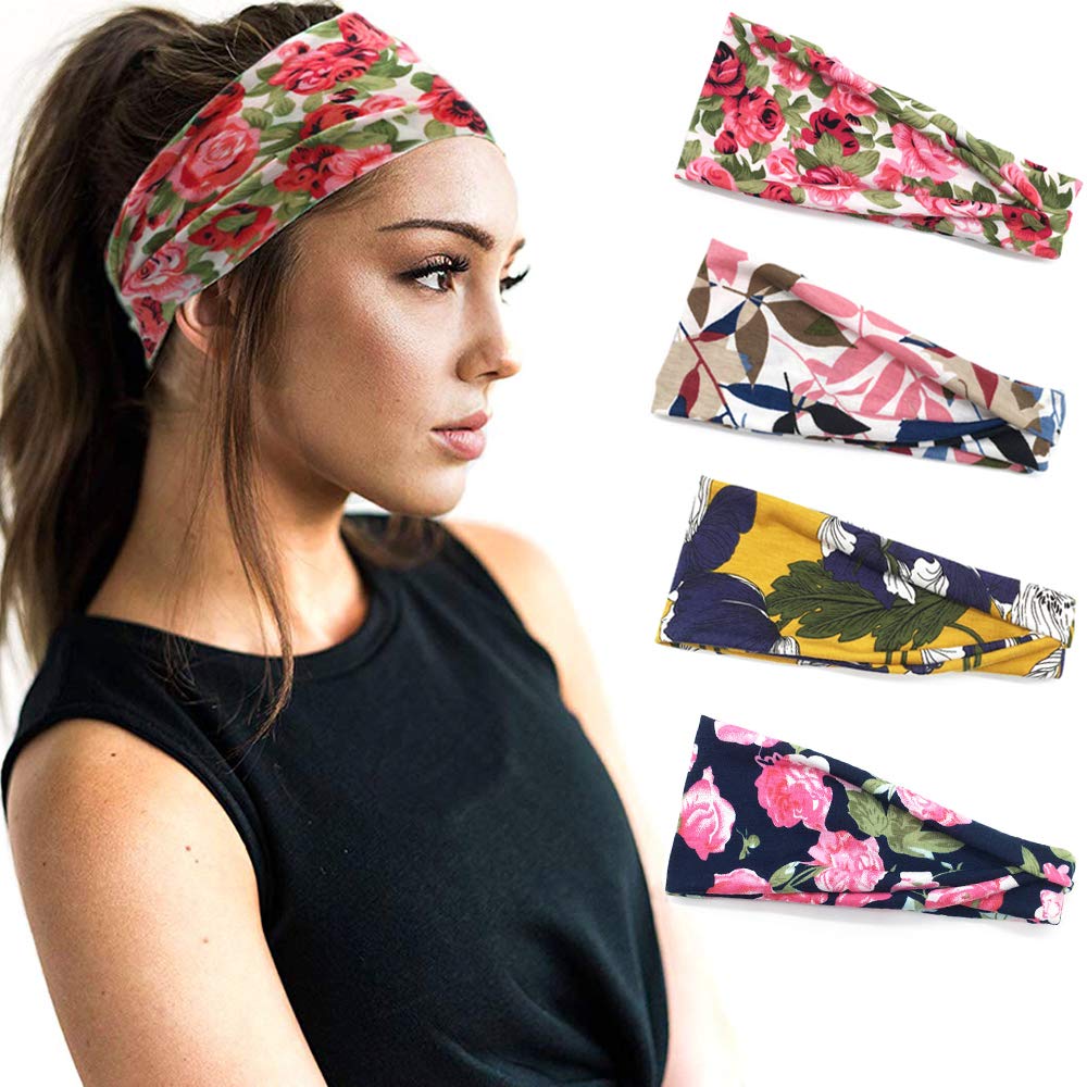 YEESEE 4 Pack Headbands Vintage Elastic Printed Head Wrap, Stretchy Hairband, Hair Hoop, Headband Bandana for Outdoor Sports, Yoga, Gym, Daily Dressed, Cute Hair Accessories