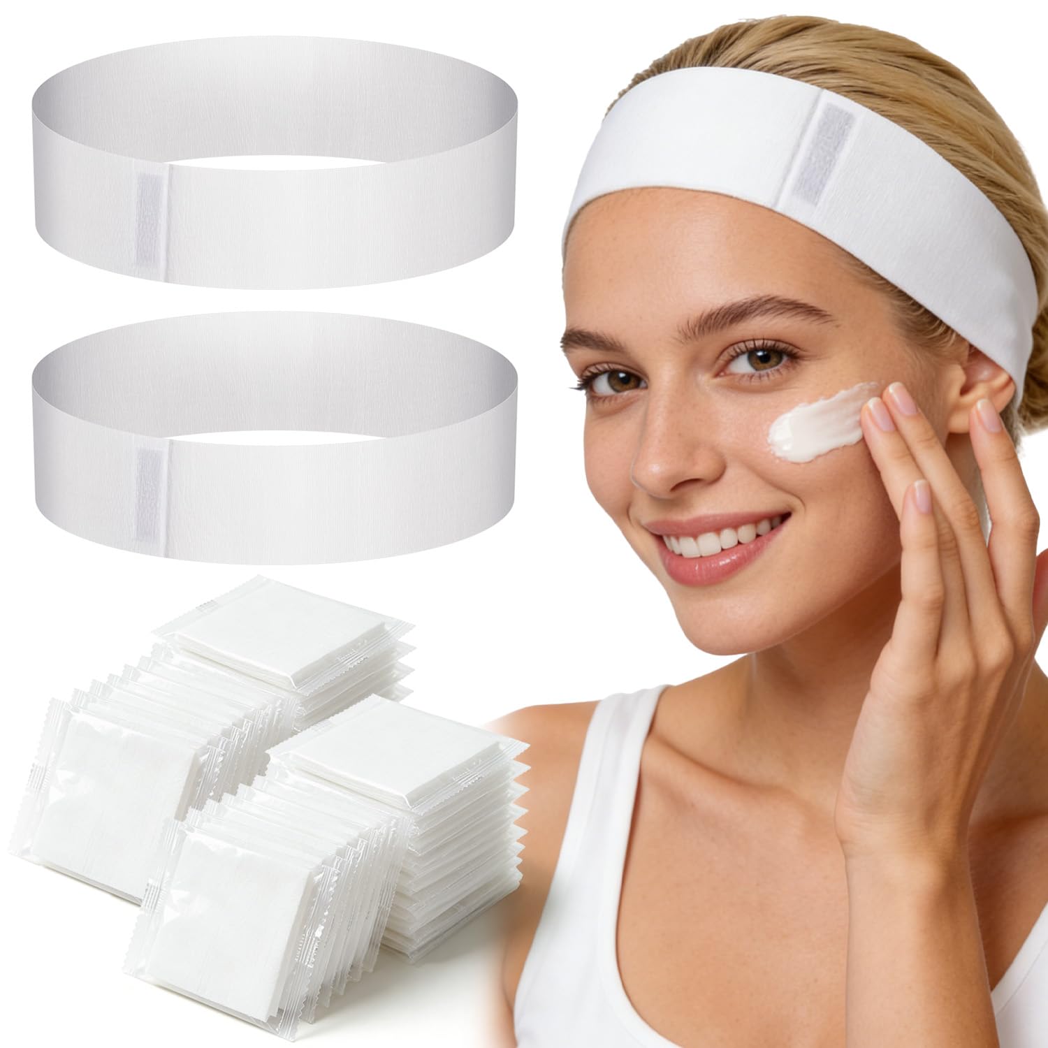Noverlife 100PCS Disposable Spa Facial Headbands, Elastic Headband Wrap with Adjustable Magic Tape, Stretch Non-Woven Facial Bandeau, Soft Skin Care Essential Headband with Convenient Closure