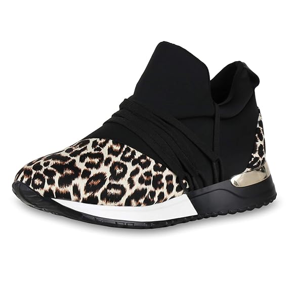 Black silver and leopard running shoes