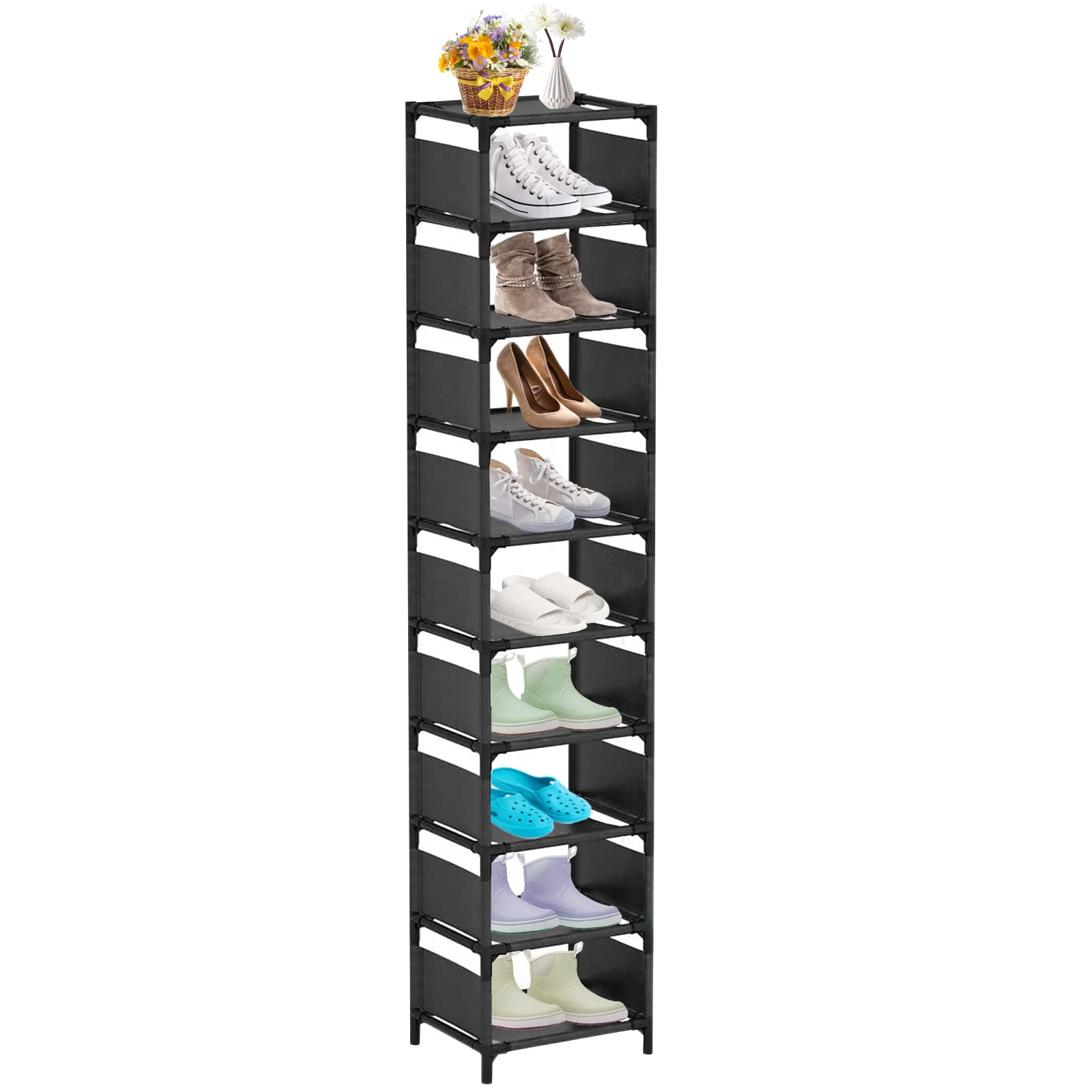 UrMsun 10 Tiers Vertical Shoe Rack, Tall Small Narrow Space Saving Shoe Storage Organizer for Entryway Door Single Pairs Sturdy Shoe Shelf (10 Tiers) (Black),33 x 28 x 160 cm