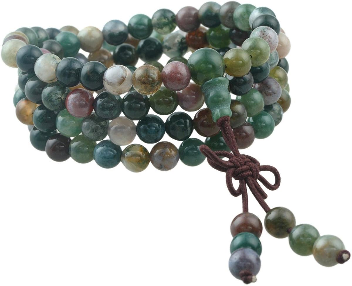 Shanxing 108 Prayer Beads Mala Bracelet Tibetan Buddhist Buddha Meditation Stone Necklace,Moss Agate, 06-moss Agate-6mm