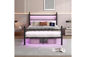 CLIBFENG Full Size Bed Frame with Headboard and Footboard,Steel Slats Support-LED Bed Frame with USB Charging Station,Mattress Foundation-Under Bed Storage, No Box Spring Needed,Noise Free,Black