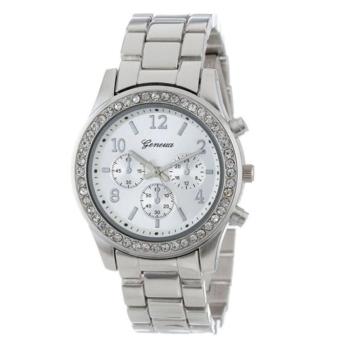 Valentinstag Uhren Dellin Faux-Chronograph-Quarz überzog Klassische Runde Dame-Frauen-Kristall-Uhr (Silber)