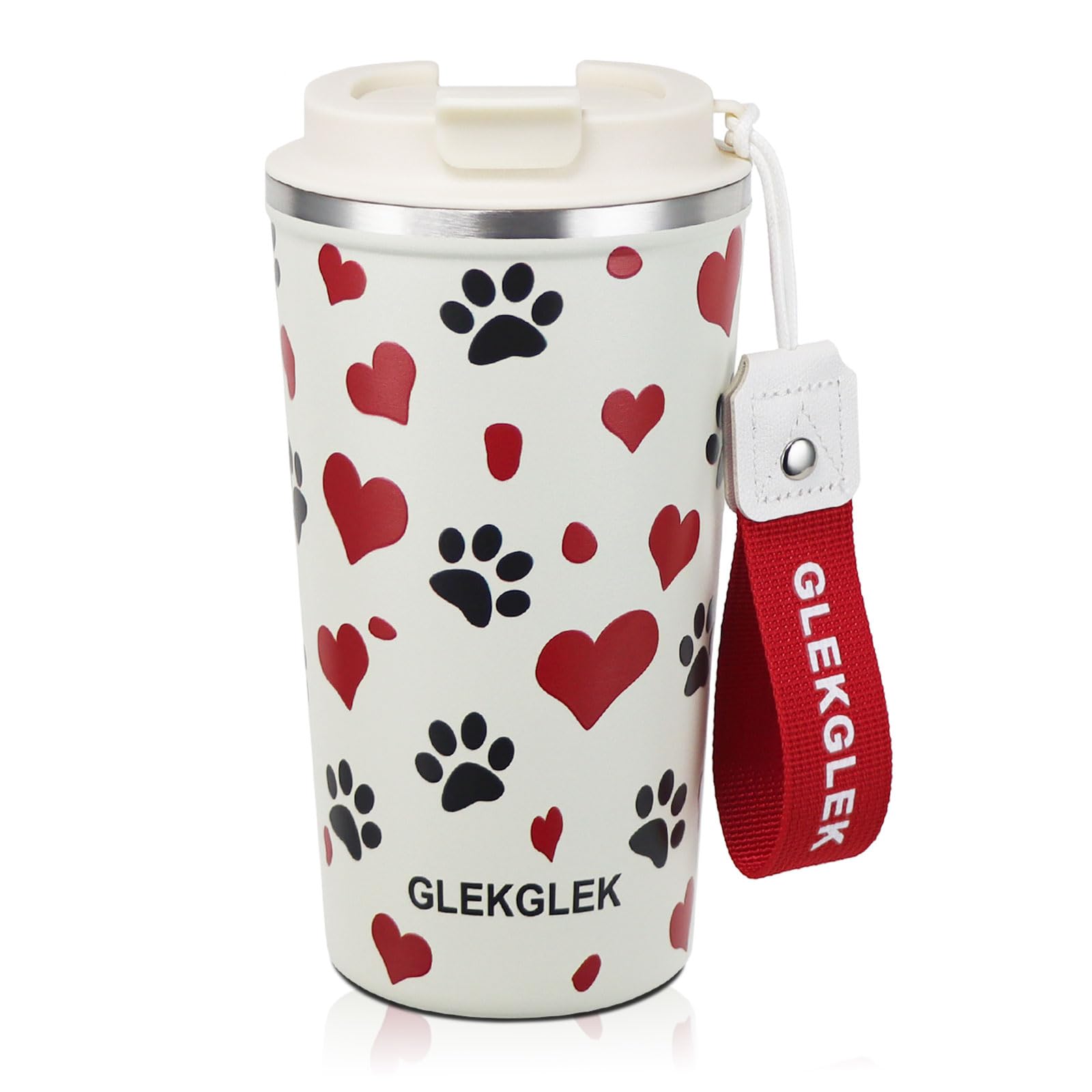 GLEKGLEK Travel Mug for Hot Drinks 500ml, Insulated Coffee Cup Double Walled Spill Proof Novelty Heart Print Thermal Mug for Boy Girl Gift