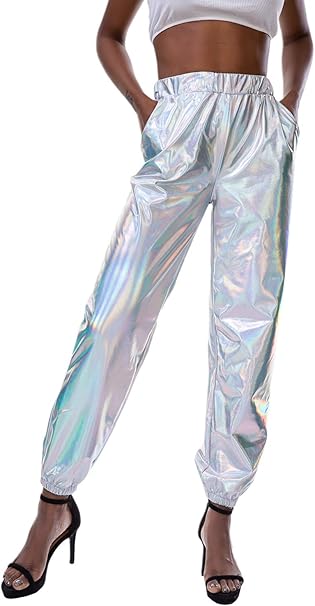 Mocure Shiny Metallic Sweatpant Holographic Jogger Pants Tapered Pant with Pocket for Women
