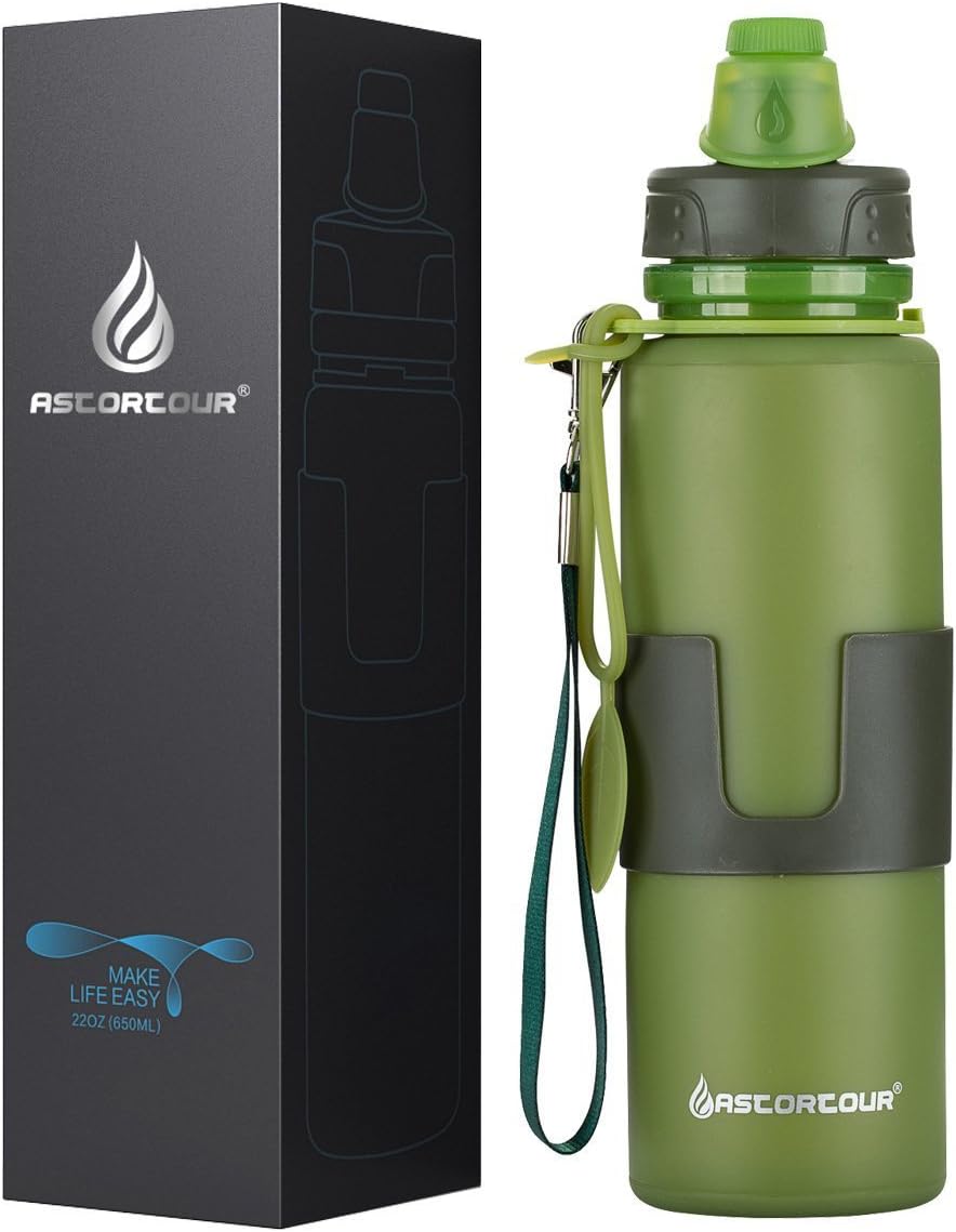 ASTORTOUR Collapsible Water Bottle - Leak Proof Twist Locking Cap - BPA Free Platinum Silicone 22 Ounce - Anti-scald Hand Grip, Removable Lanyard for Hiking Sports Camping (Olive Green)